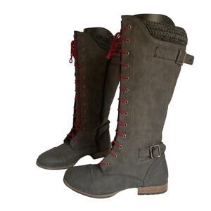 Y2K Knee High Combat Boots Womens Size 8 Gray Lace Up Buckle Edgy Punk